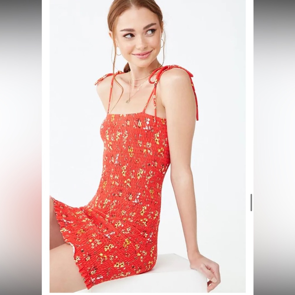 F21 Smocked Tube Dress Tie Spaghetti Straps Red Floral Size Small